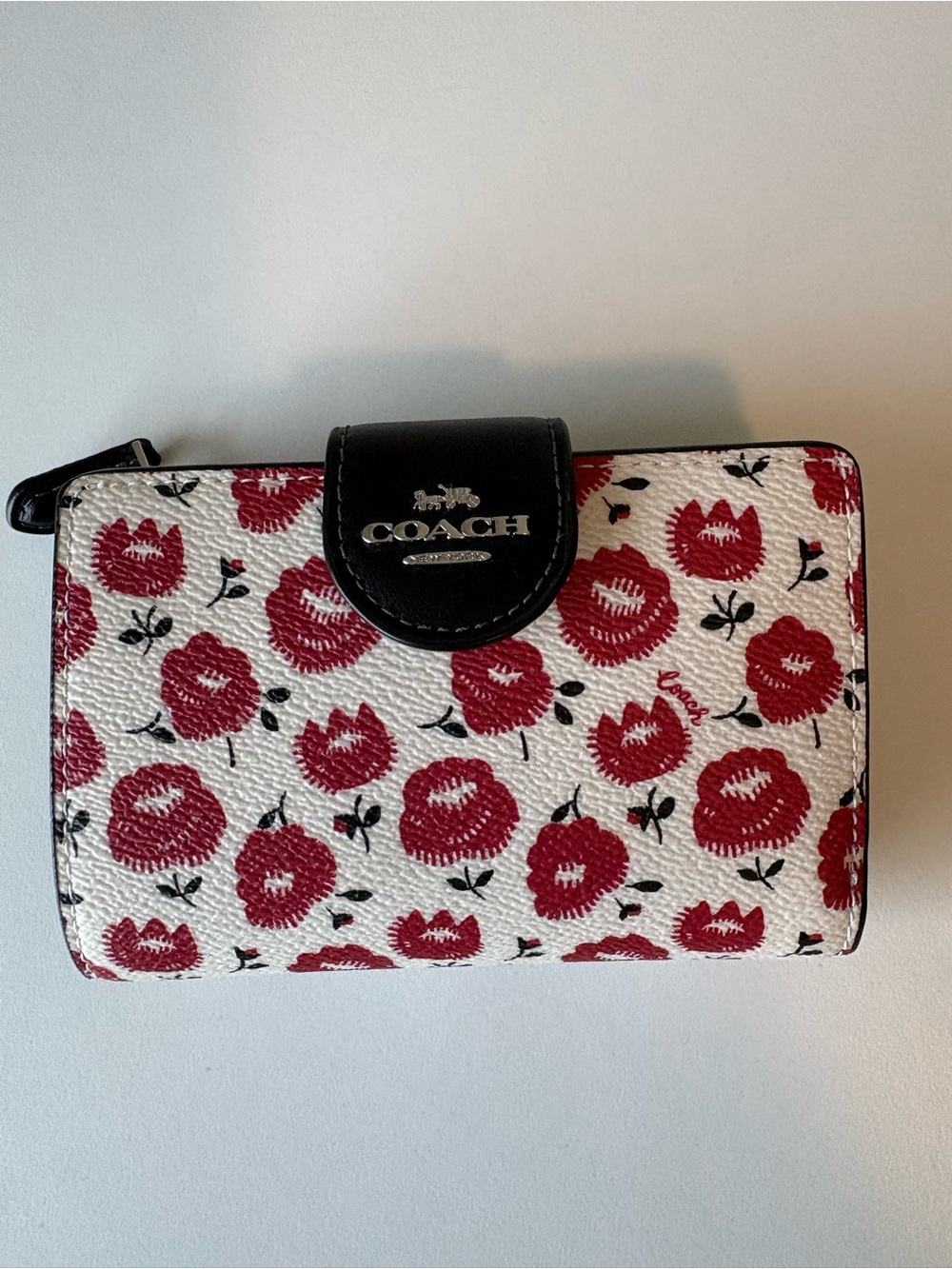 Coach Medium Corner Zip Wallet w/ Red Floral Print